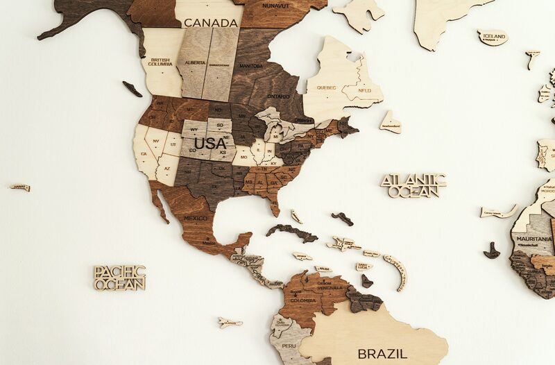 A wooden wall map of the United States